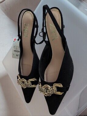 Zara Black Pointed Slingback Flats with Gold Chain Detail